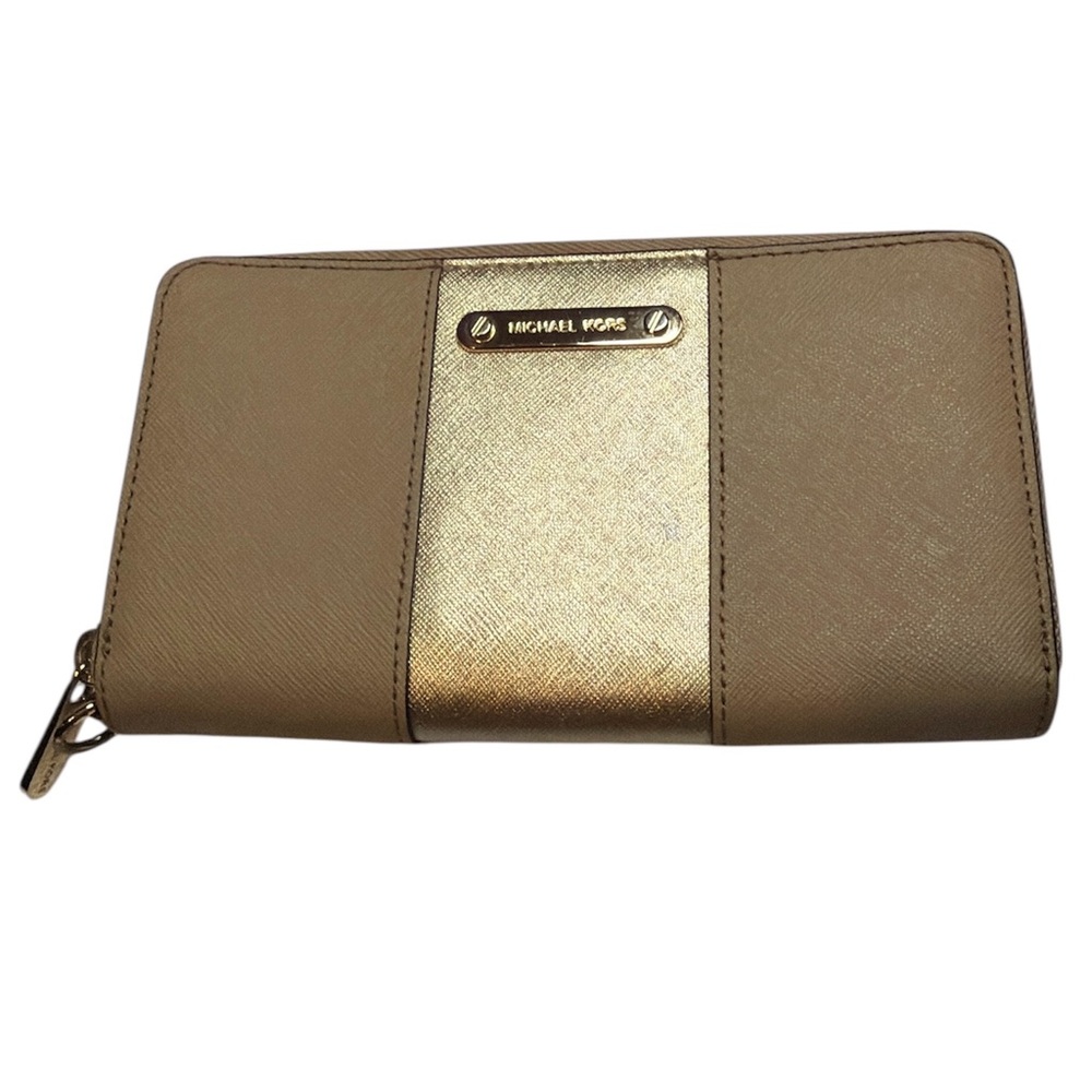 Michael Kors Metallic Gold And Tan Wallet Wristlet
